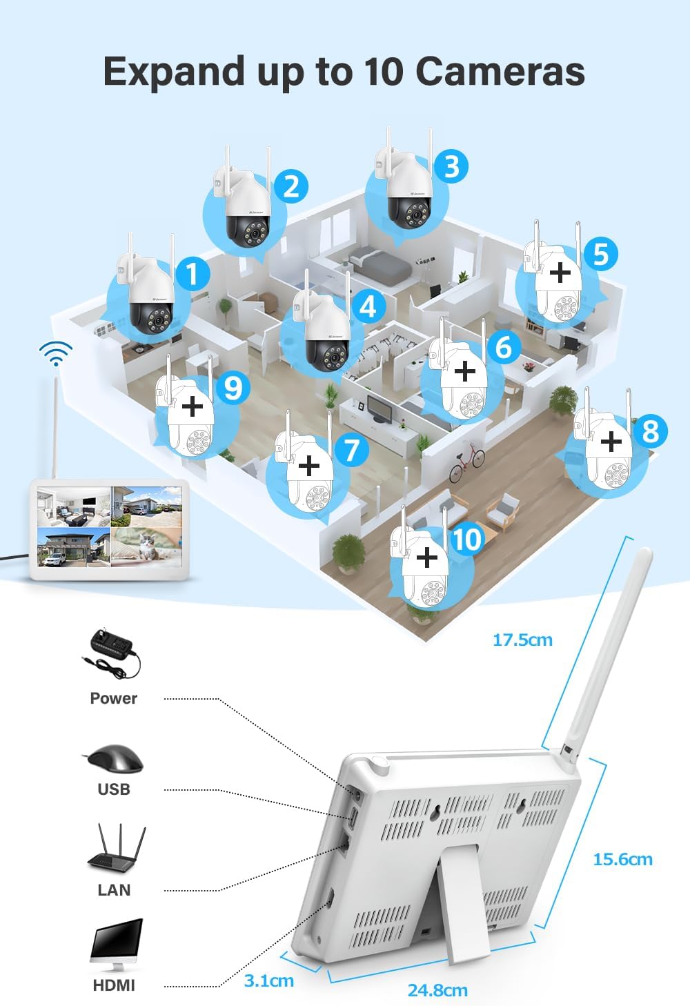 Kit Caméra Surveillance WiFi Extérieure avec 10 Moniteur